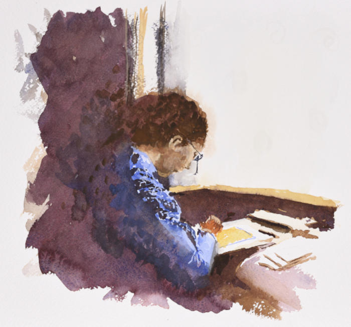 A loose watercolour of a woman sitting at an embroidery frame before a bright window. The light falls on her frame, but her back and shoulders are blending into the shadows behind.